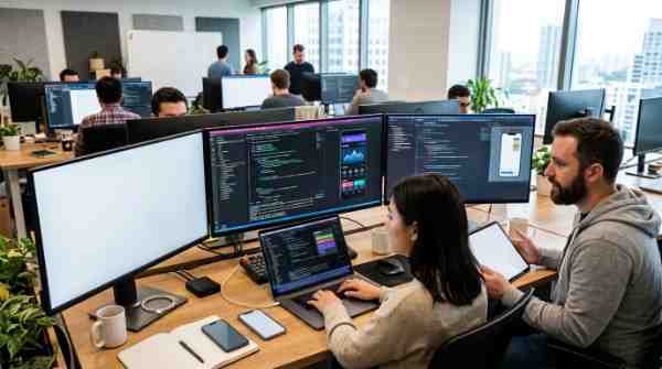 Developers testing iOS and Android mobile applications on smartphones.