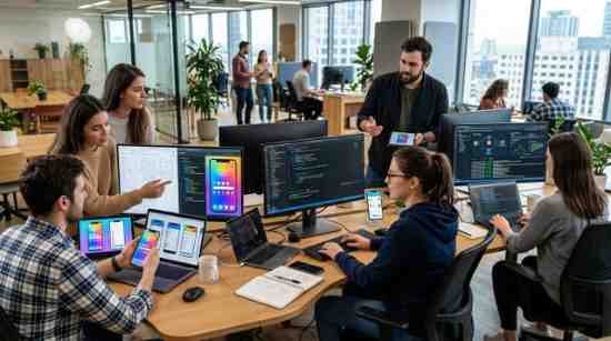 Developers creating a React Native mobile application in a collaborative workspace.