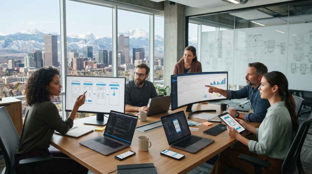 Mobile app developers collaborating in a modern Denver office while designing a custom mobile application.