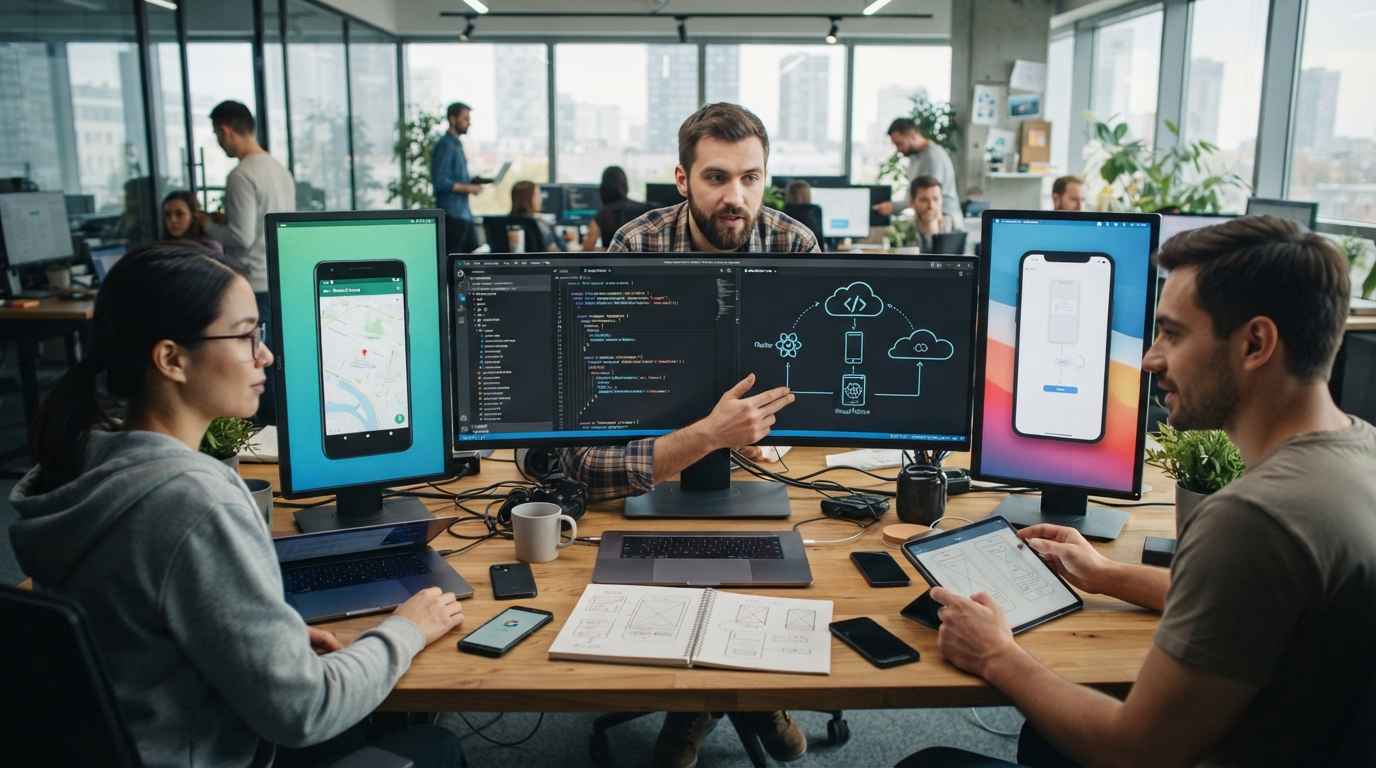 Native vs cross platform app development comparison in a modern software development office.