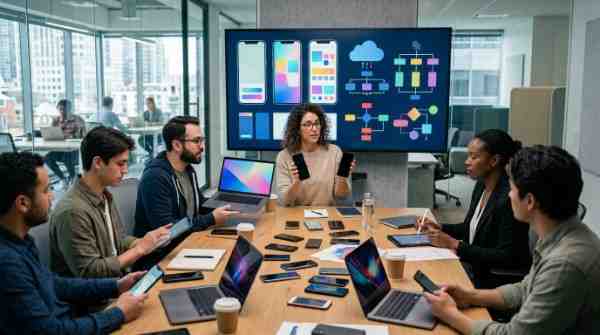 iOS or Android app launch strategy discussion in a modern software development office.