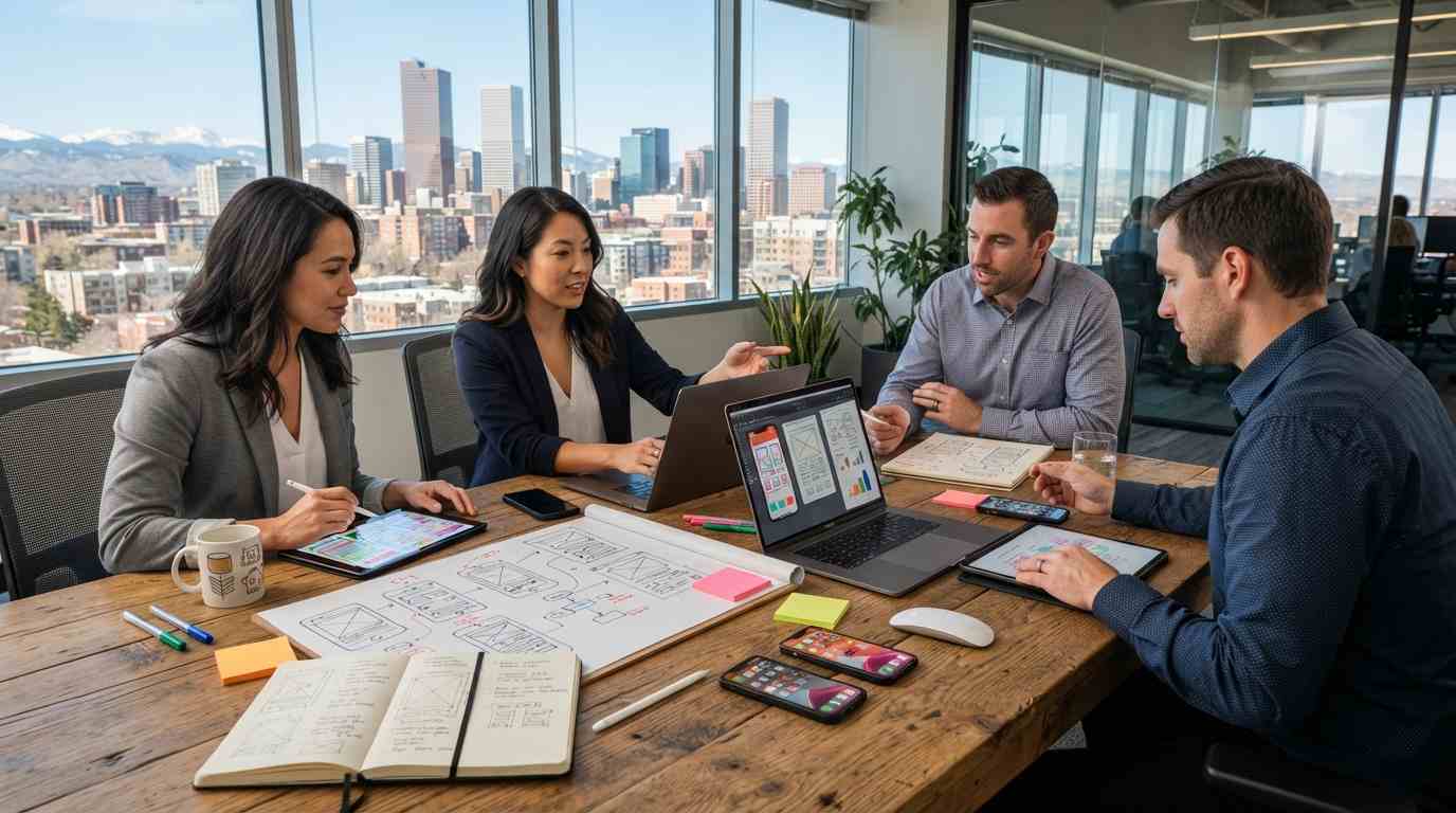 Professional mobile app development team working in a modern Denver office to build a custom business application.