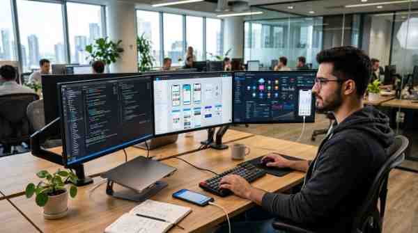 Software developer building a Flutter mobile application in a modern office.