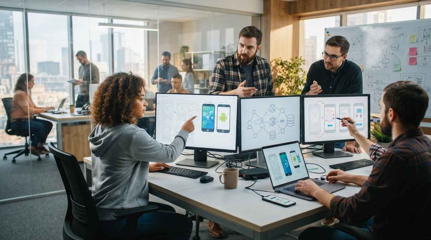 Developers testing native and cross platform mobile app performance on smartphones.