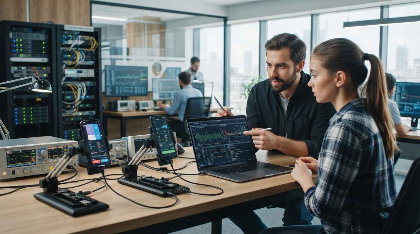 Developers building mobile apps with Flutter and React Native in a modern office.