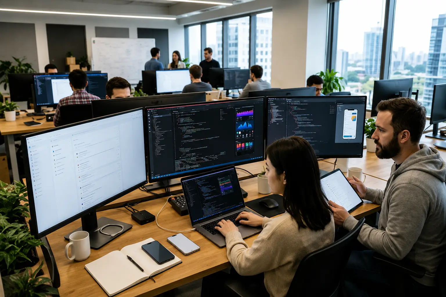 Developers testing iOS and Android mobile applications on smartphones.