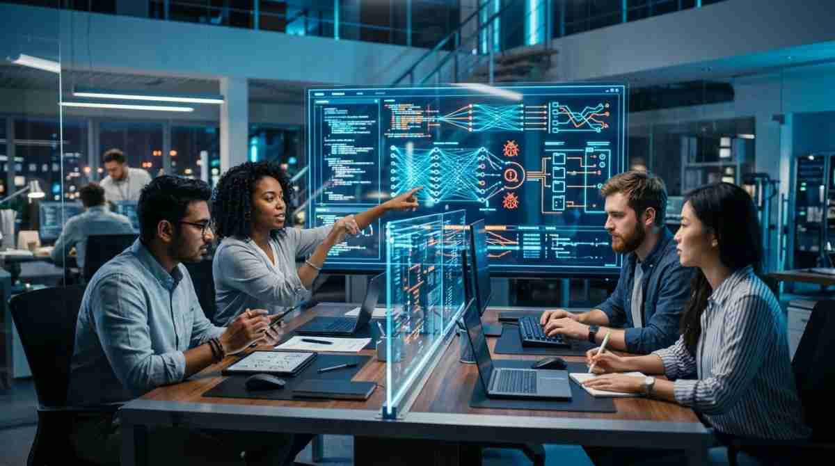 Futuristic QA lab with a startup team testing software on digital screens
