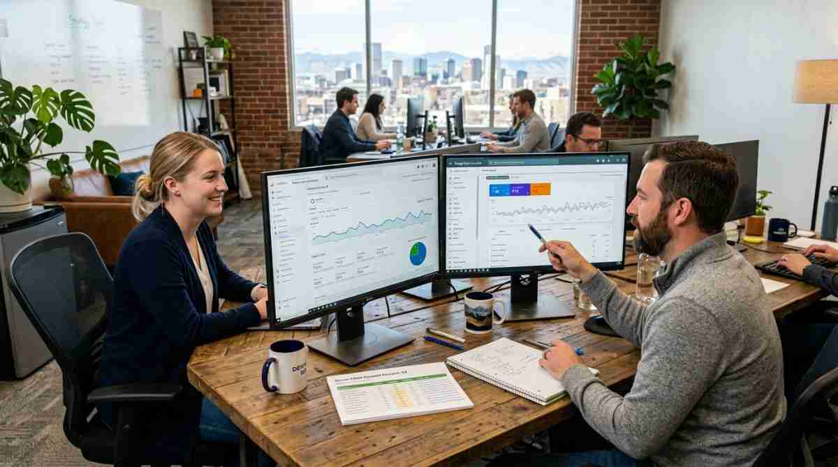 SEO specialists reviewing search performance and analytics