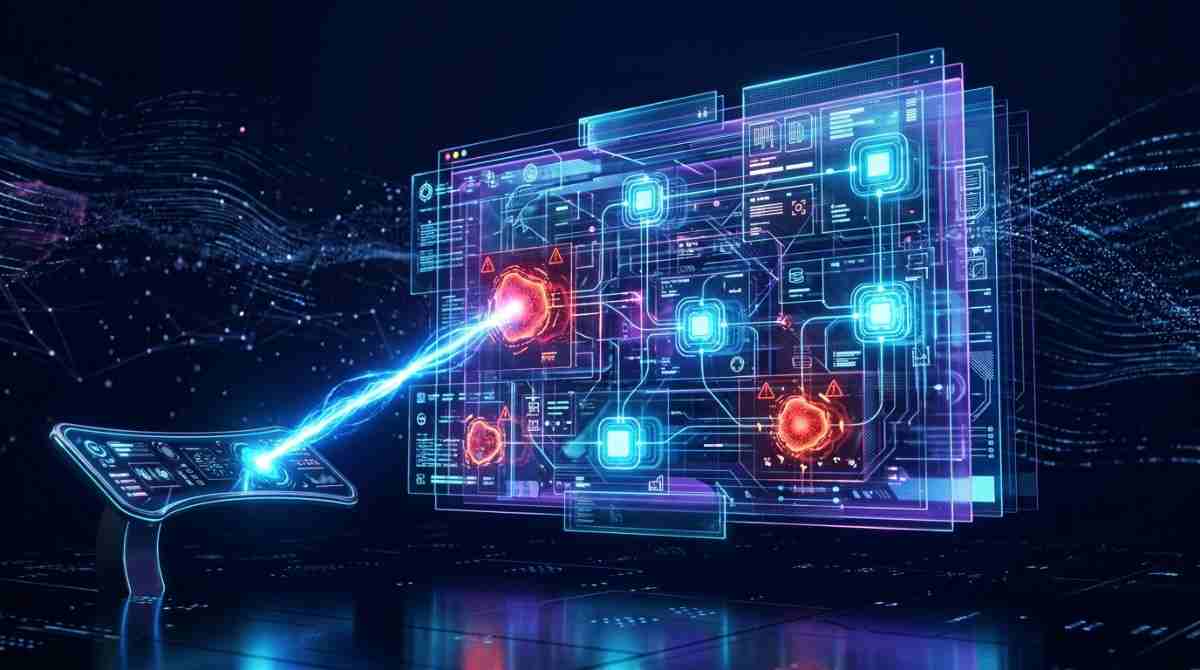 Software testing visualization showing a digital system identifying and resolving bugs