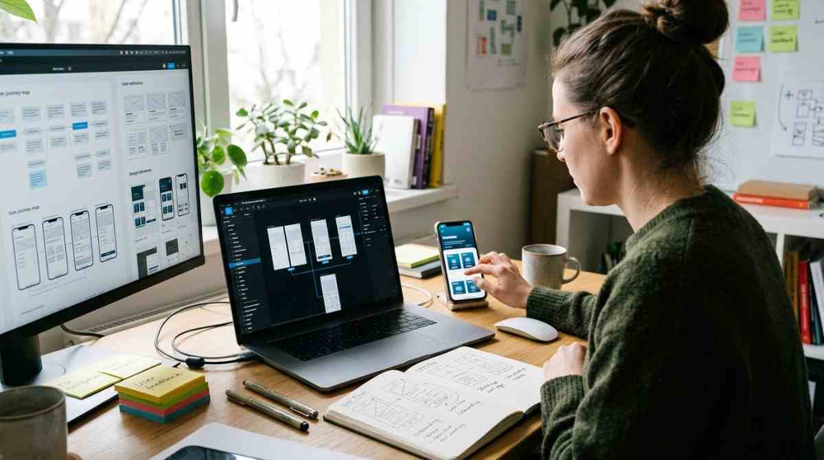 A professional UI/UX designer working on a mobile application interface at a desk, using a laptop and smartphone to review screen layouts, navigation, and wireframes. Realistic computer screens, a practical workspace, natural light, and authentic details.